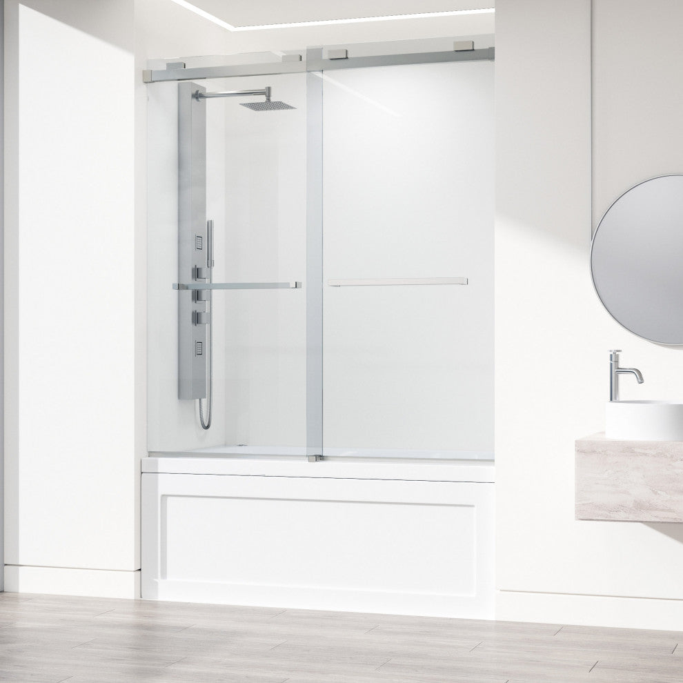 VIGO Houston Frameless Sliding, V-Motion, Stainless Steel, Tub Door, 56" to 60" W X 66" H, Clear Glass