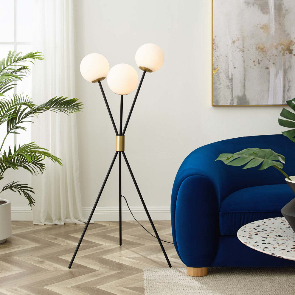 Floor Lamp Light, Black, Brass, Modern, Mid Century Cafe Bistro Hospitality