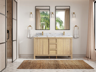 Elizabeth Oak 60" Double Sink Vanity, White 2" Viola Gold