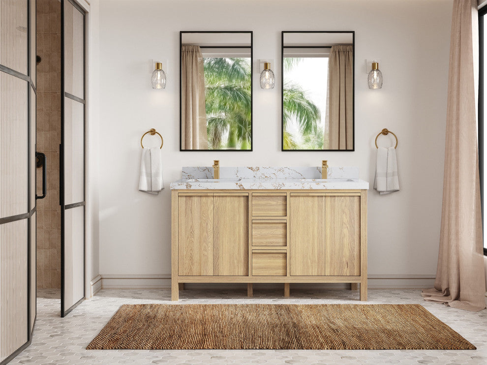 Elizabeth Oak 60" Double Sink Vanity, White 2" Viola Gold