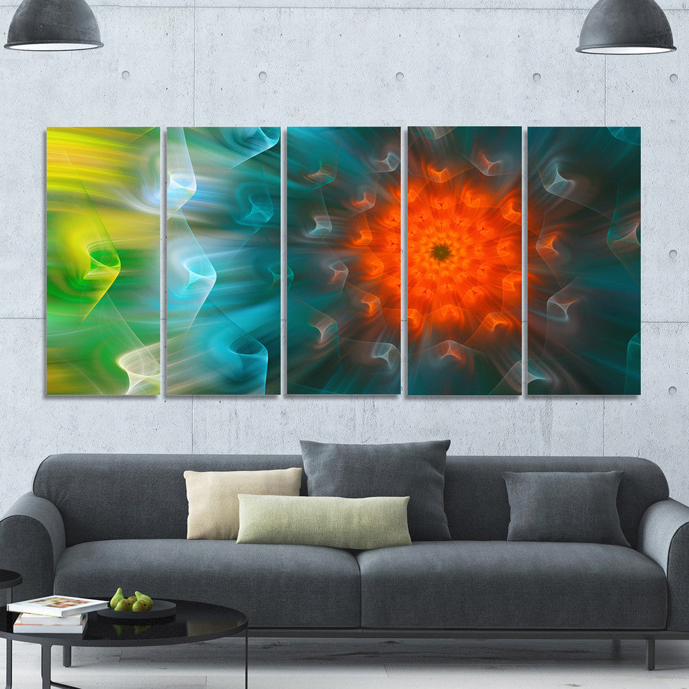 Multi Color Fractal Petals Dandelion, Floral Canvas Art Print, 60"x28", 5 Panels