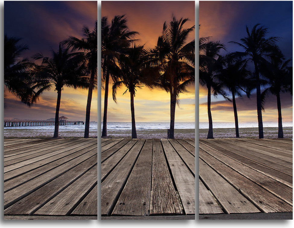 "Old Wood Terrace on Sea Beach" Metal Wall Art, 3 Panels, 36"x28"