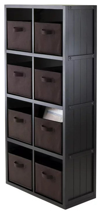 Bookcase, Tall Design & 8 Storage Shelves With Pull Handles, Chocolate/Black