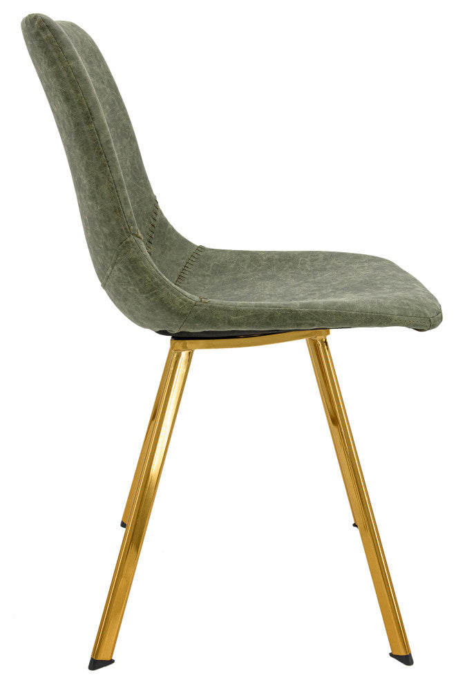 LeisureMod Markley Leather Dining Chair With Gold Legs Set of 2, Olive Green