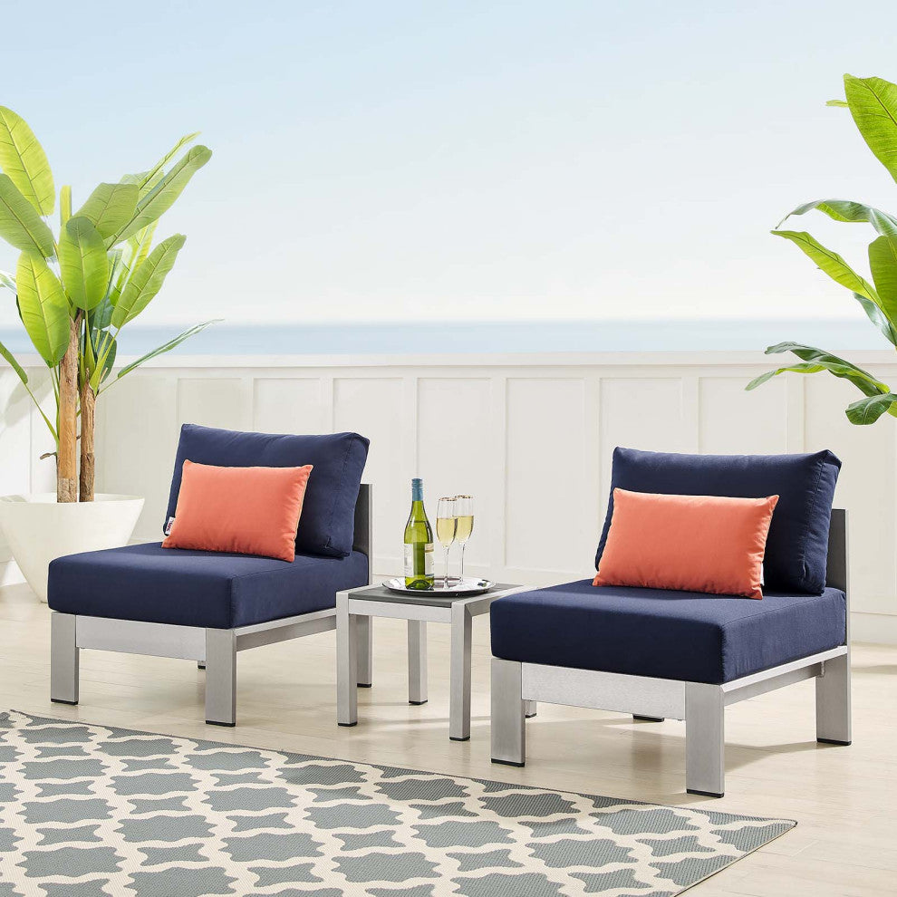 Lounge Chair Table Set, Sunbrella, Fabric, Aluminum, Silver Blue Navy, Outdoor