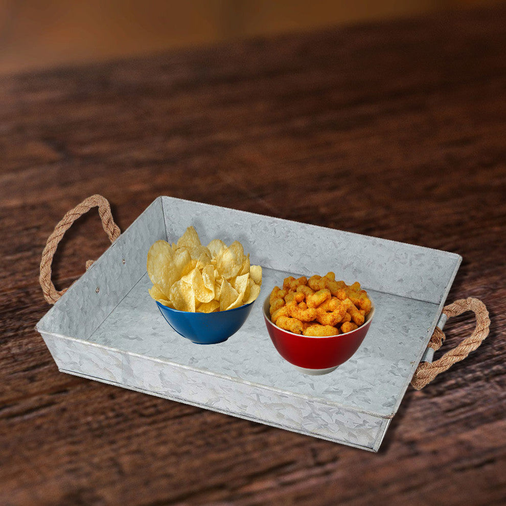 Benzara Mix Media Galvanized Tray  With Rope Handles, Gray