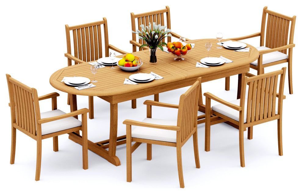 7-Piece Outdoor Teak Dining Set: 94" Masc Oval Table, 6 Cahyo Stacking Arm Chair