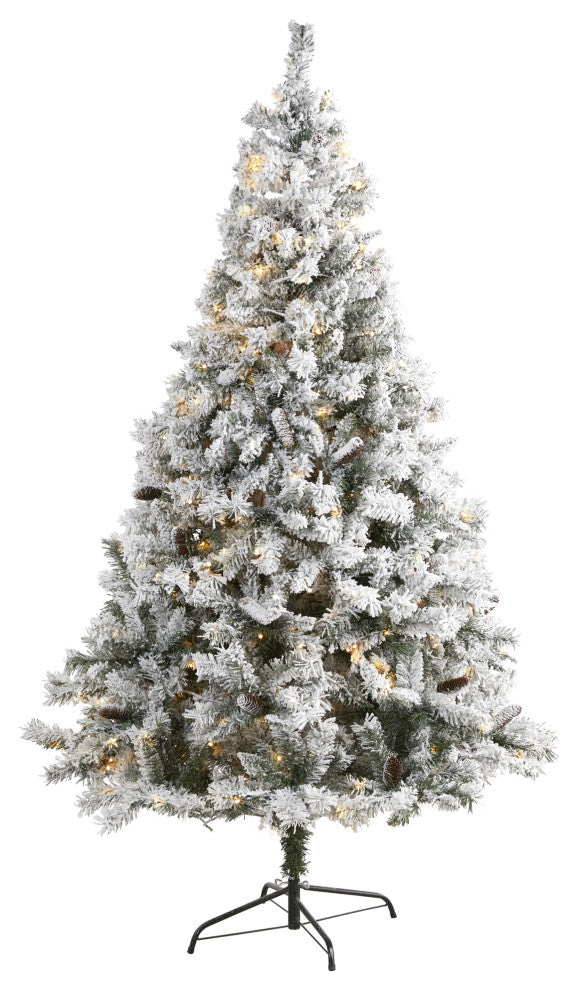 7' Flocked White River Mountain Pine Christmas Tree / Pinecones / 350 LED Lights