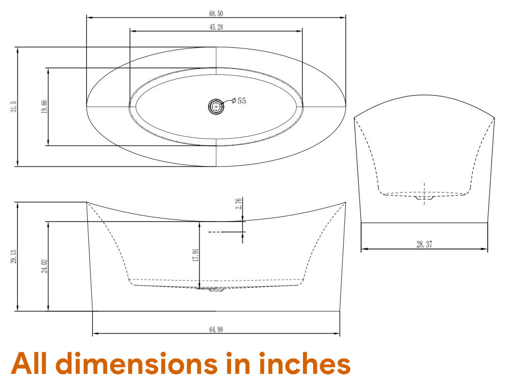 HEATGENE Acrylic Freestanding Bathtub Oval Modern Bathtub, White