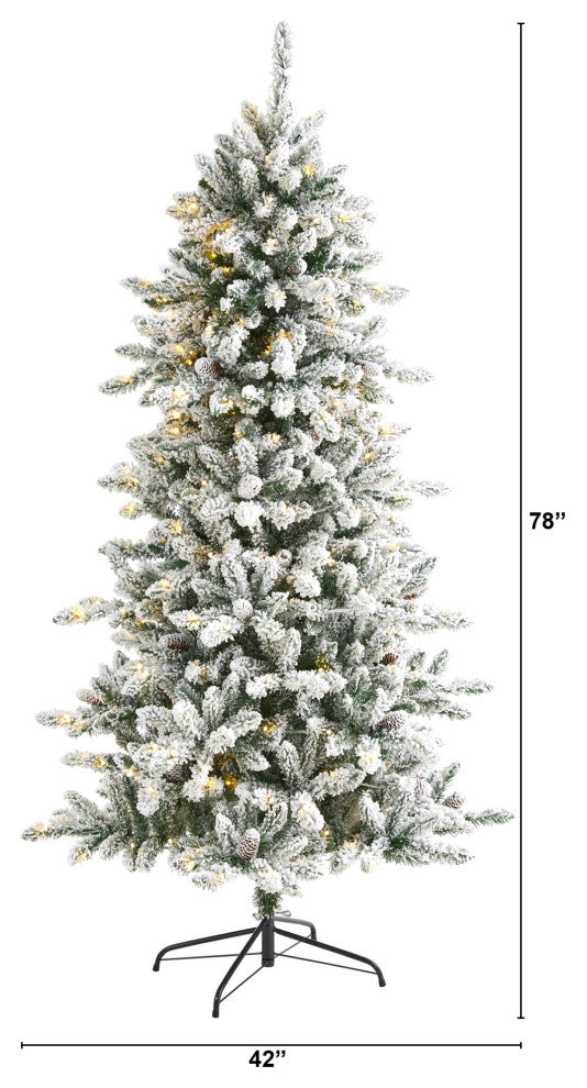 6.5' Flocked Livingston Fir Faux Xmas Tree With Pine Cones & 300 Clear Lights