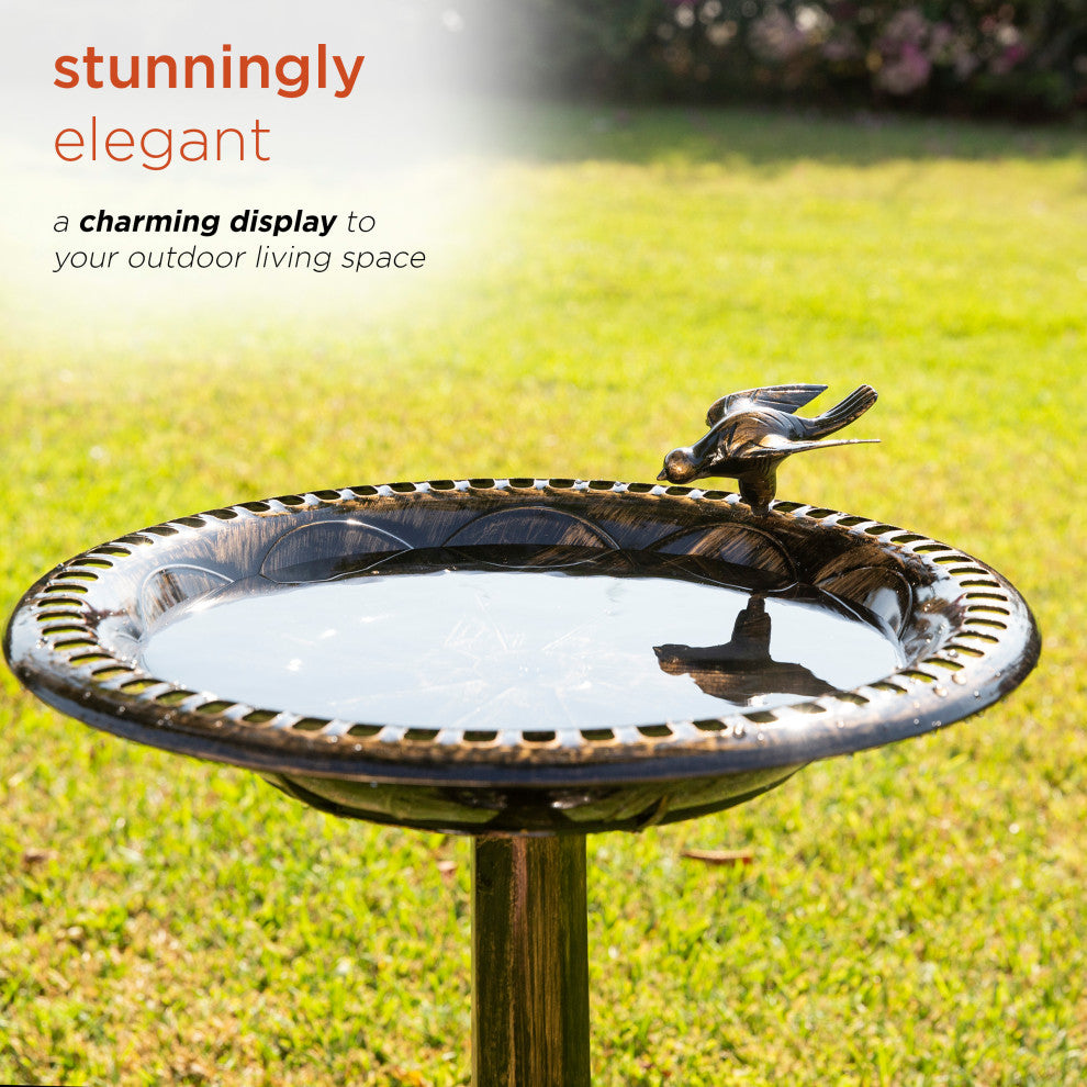 27" Tall Outdoor Antique Style Bronze Birdbath Bowl with Bird Figurine