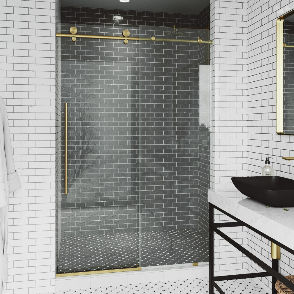 VIGO Elan E-Class 44" to 48" W x 76" H Frameless Sliding Shower Door, Matte Gold, Clear Glass