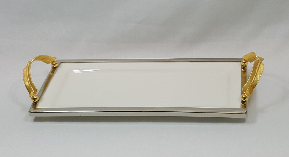 Elegance Gold Feather Ceramic Rectangular Tray With Handle