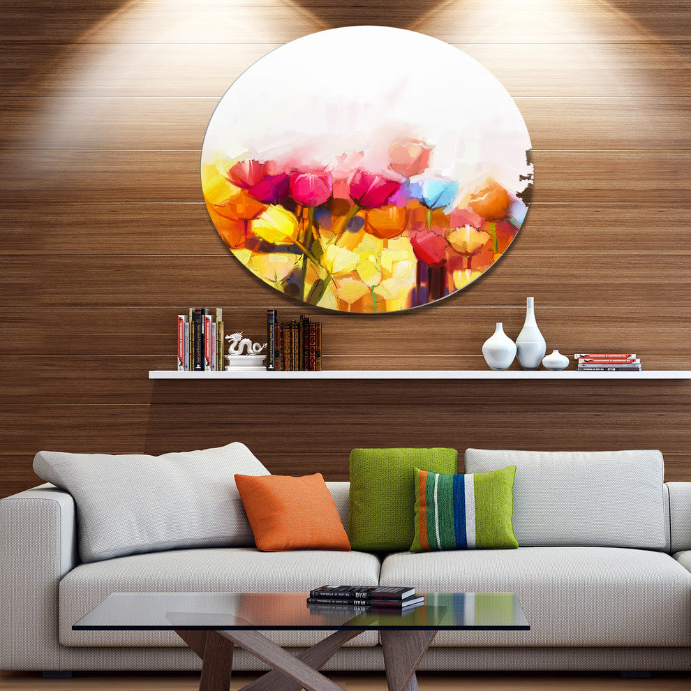 Yellow Pink Red Tulips On White, Floral Large Disc Metal Wall Art, 23"