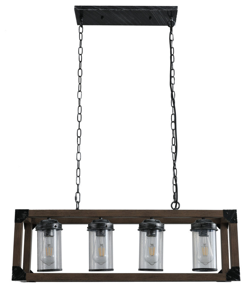 4-light Kitchen Island Light Farmhouse Glass Shade Wood Chandelier, Brown