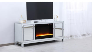 60" Mirrored Tv Stand With Crystal Fireplace Insert In Antique Silver