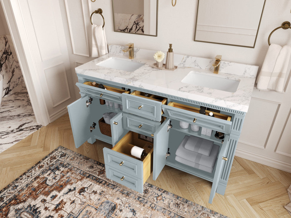 Paris 60" Double Sink Bathroom Vanity, Blue Heather 2" White Quartz