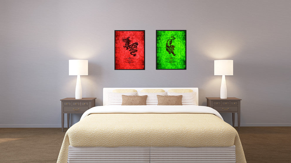 Tiger Chinese Zodiac Green Print on Canvas with Picture Frame, 22"x29"