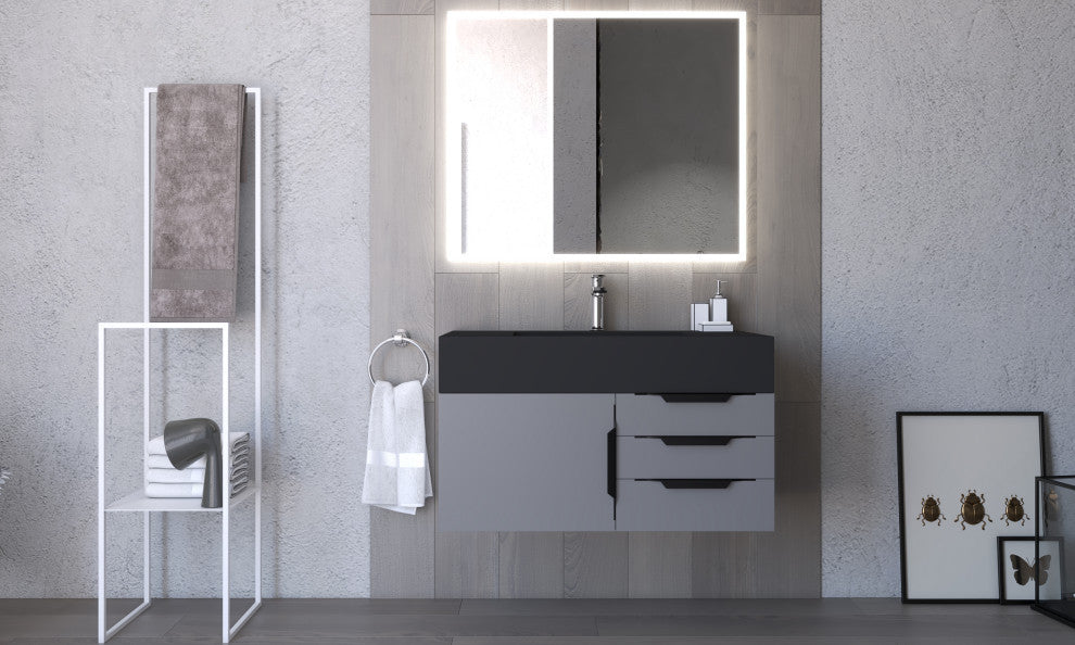 CastelloUSA Nile 36" Wall Mounted Vanity Set, Gray, Black Top, Black Handles
