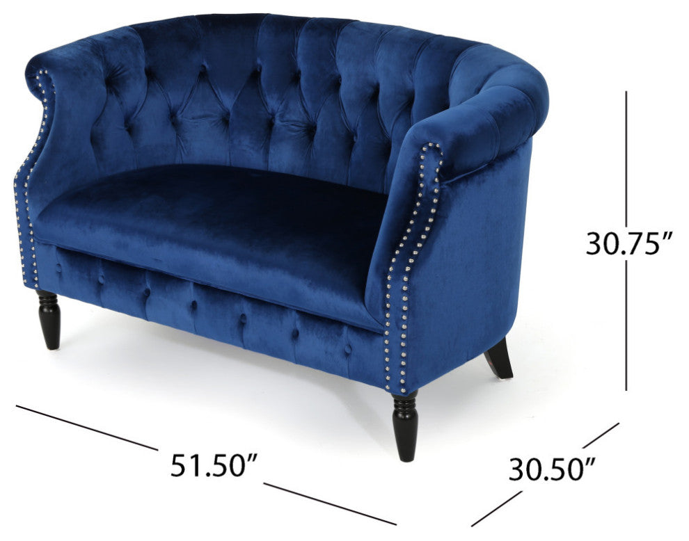 GDF Studio Melaina Tufted Scroll Arm New Velvet Loveseat, Navy Blue