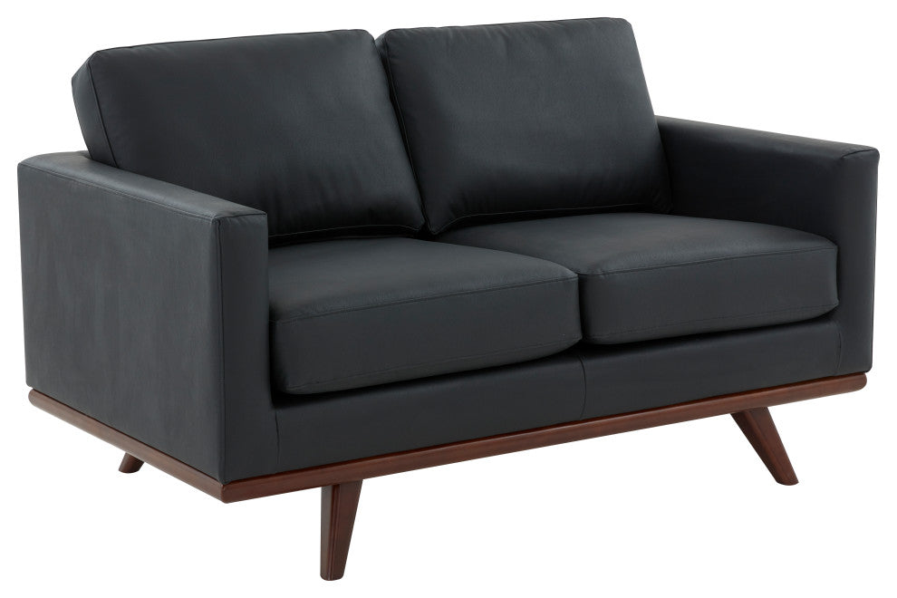 LeisureMod Chester Modern Leather Loveseat With Birch Wood Base, Black