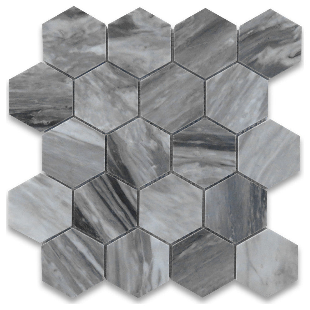 Bardiglio Gray Dark Grey Marble 3 inch Hexagon Mosaic Tile Polished, 1 sheet