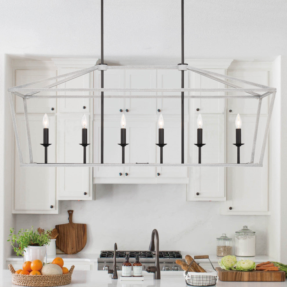 6 Light Kitchen Island Linear Pendant Chandelier, Crackle White+classic Black