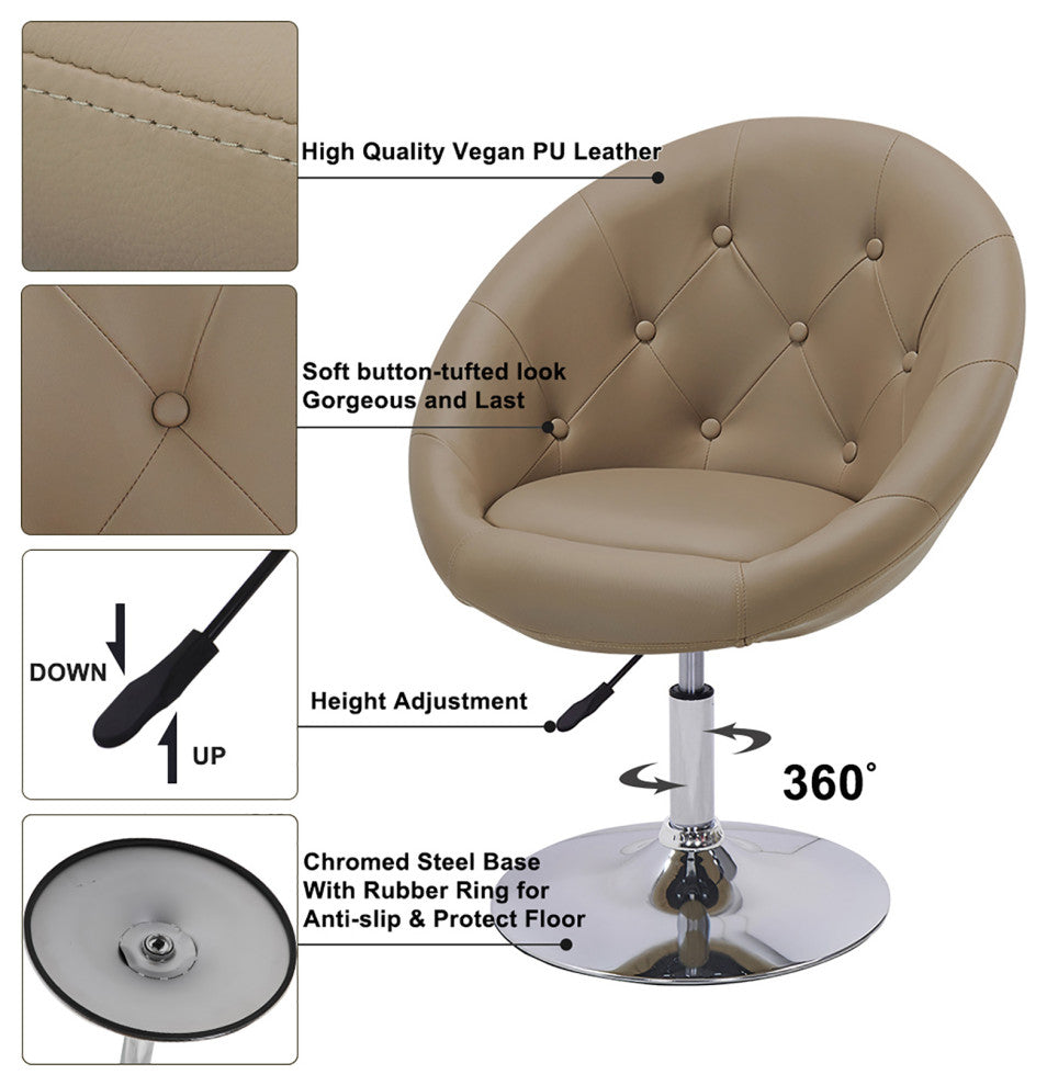 Button Tufted Swivel PU Leather Papasan Chair, Khaki