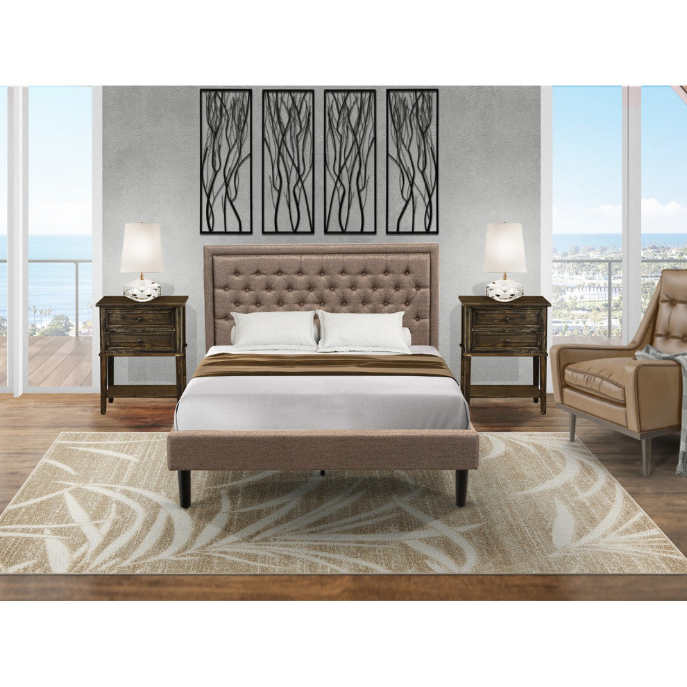 3Pc Queen Size Set, 1 Platform Bed Dark Khaki, 2 Nightstand, Black Legs