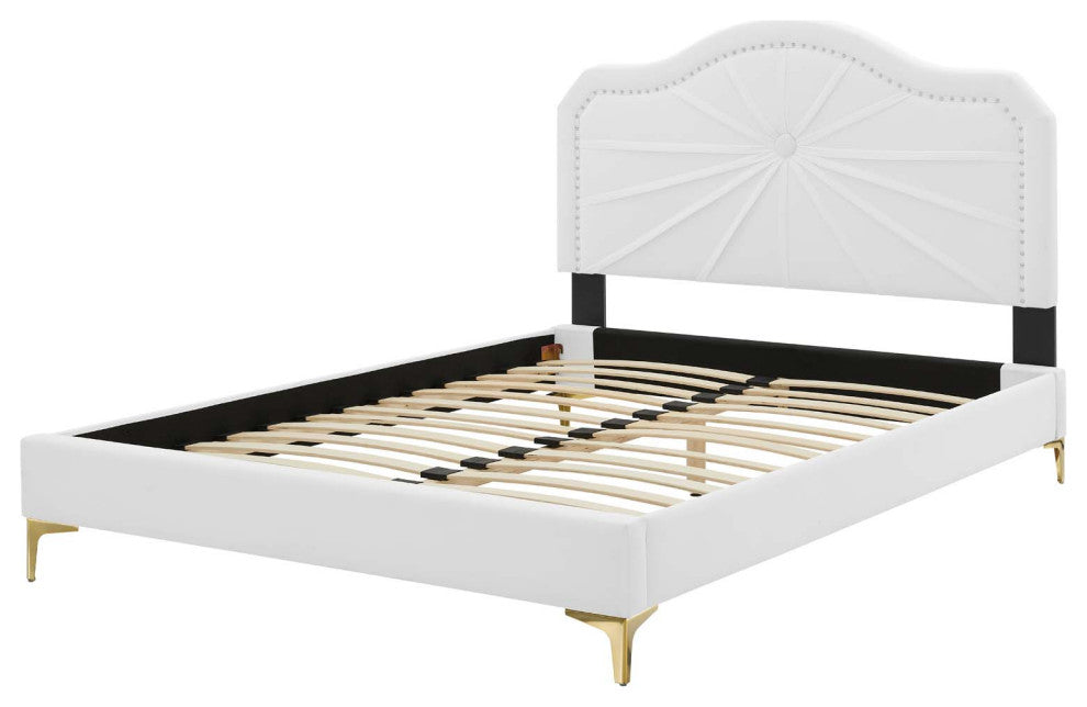 Platform Bed Frame, King Size, Velvet, White, Modern Contemporary, Bedroom