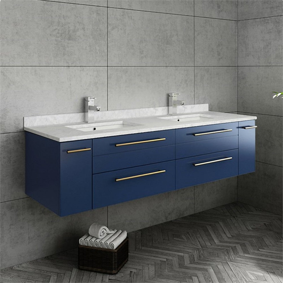 Lucera 60" Modern Royal Blue Wall Hung Cabinet, Top and Double Undermount Sink
