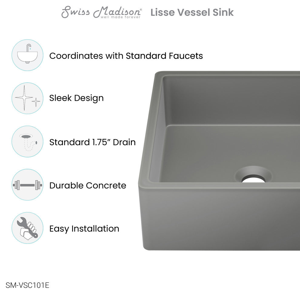 Lisse 15" Square Concrete Vessel Bathroom Sink, Dark Gray
