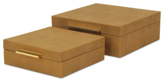 Lusan Square Decorative Box Set, Camel Brown Faux Shagreen