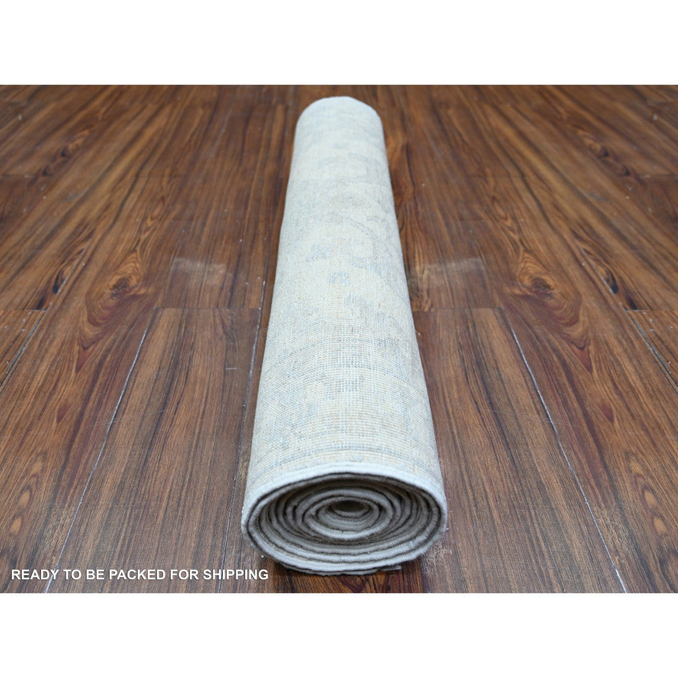 Feather White White Wash Peshawar Wool Hand Knotted Runner Rug, 2'11"x9'4"