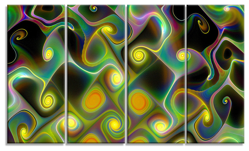 Yellow Fractal Pattern with Swirls, Abstract Wall Art Canvas, 48"x28", 4 Panels