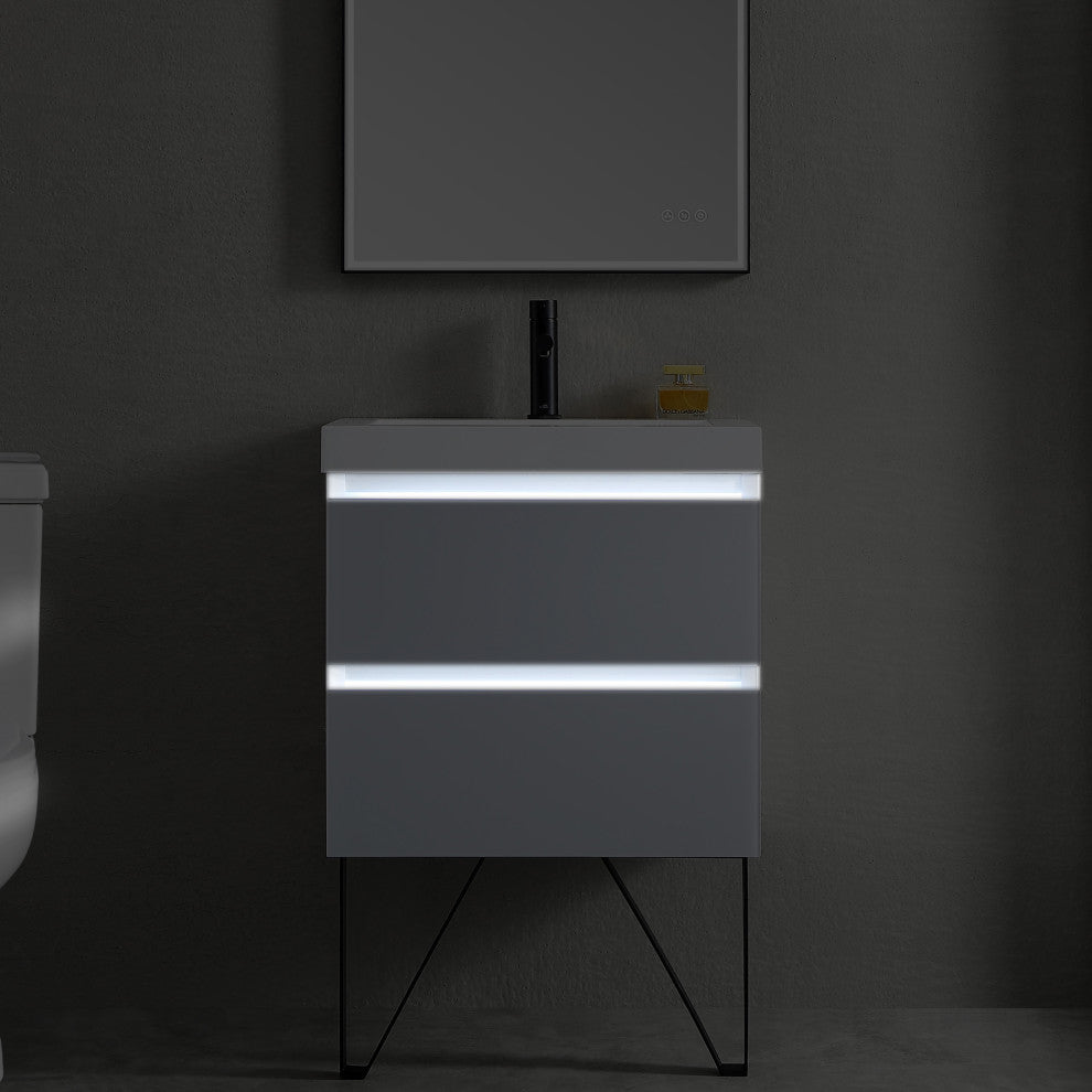 LED Lighted Bathroom Vanity With Ceramic Sink and Dimmed Light, Calacatta White, 24"