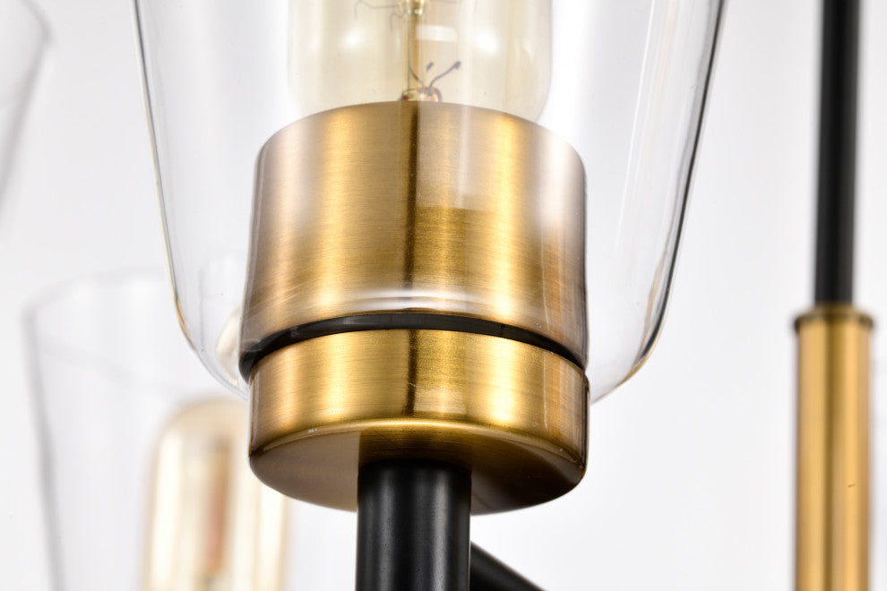 6-Light Black and Antique Brass Chandelier With Clear Cone Glass Shades