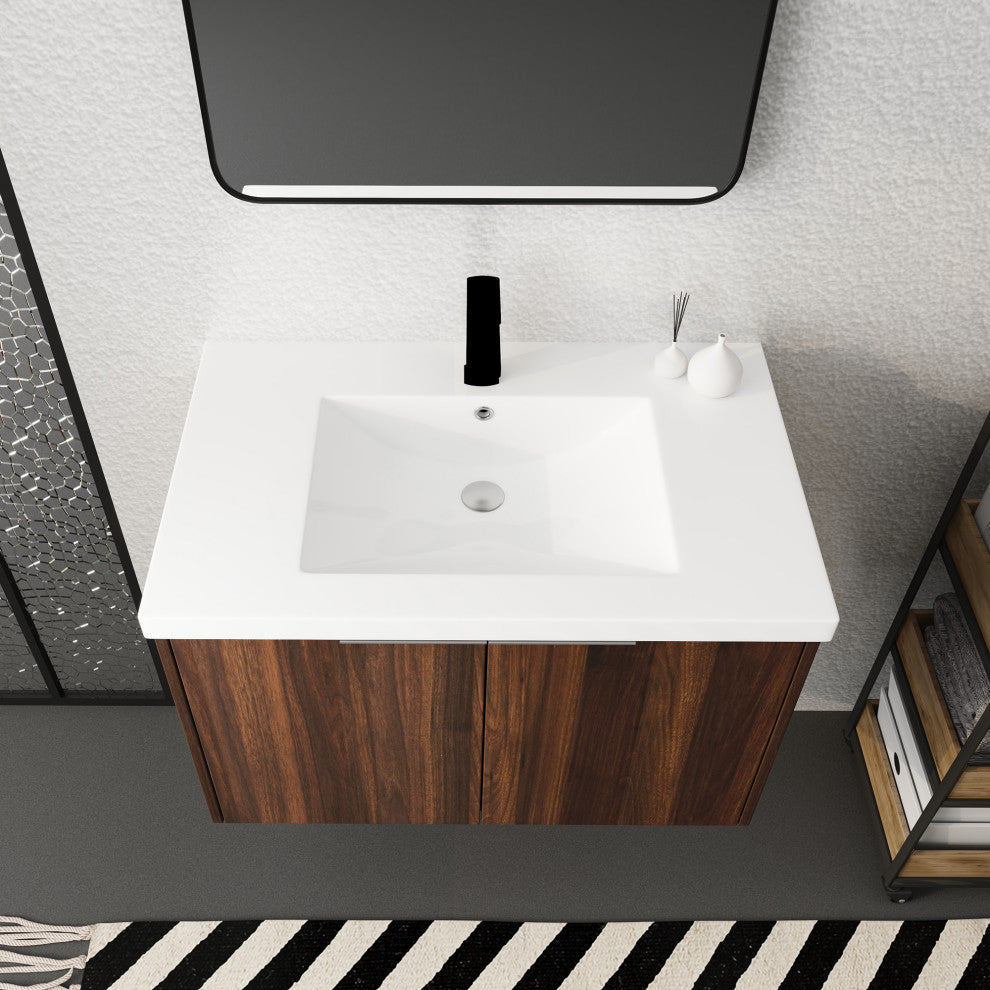 Wood Wall-Mounted Bathroom Vanity Set with Integrated Culture Marble Sink, 30 In