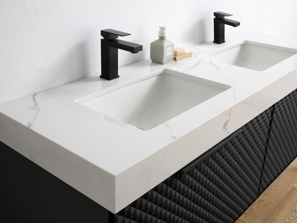 Manarola with Thick Quartz Wall Mount Vanity, Black of Night, 72"