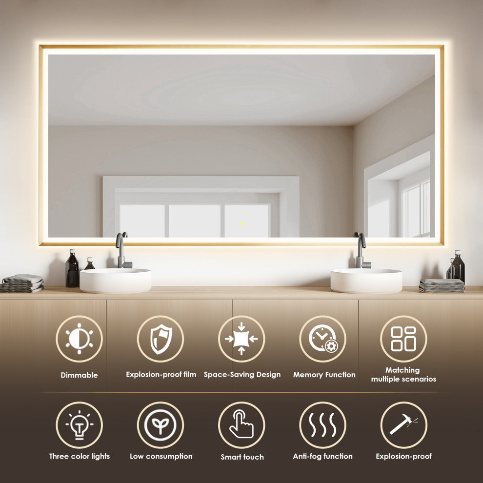 Apollo Anti-Fog Dimmable Vanity, LED Lighted Wall Mirror, Brushed Gold, 84"