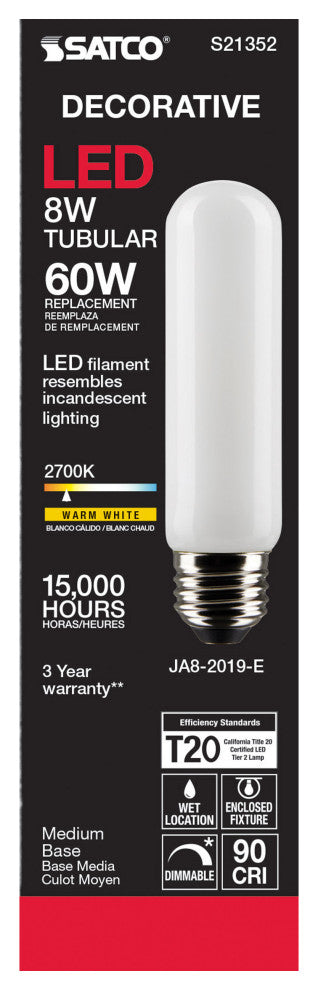 8W T10 LED, Frost, Medium Base, 90 CRI, 2700K, 120V
