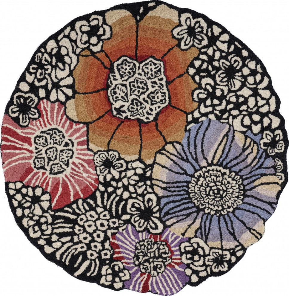 4" Round Red and Black Floral Area Rug