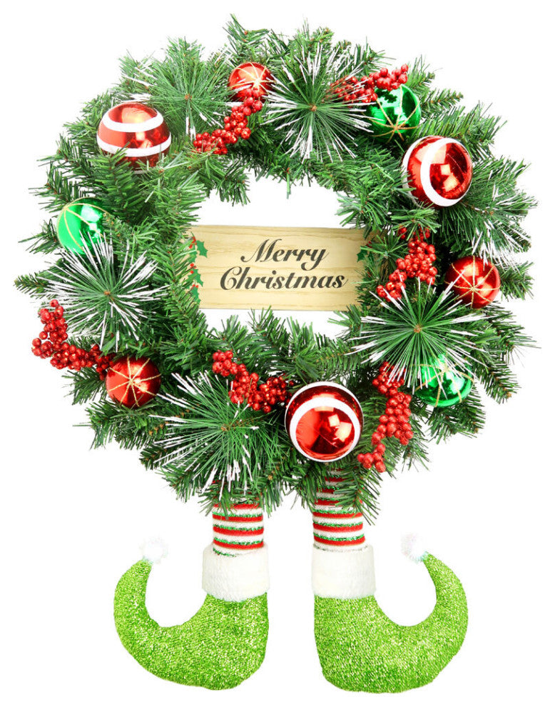 24" Elf Boots Pine Wreath With Berries, Balls, and Merry Xmas Sign
