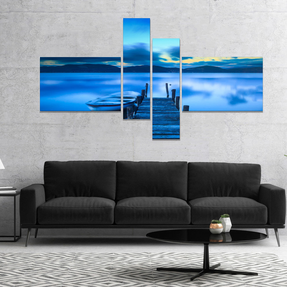 Cloudy Blue Sky with Pier, Seascape Canvas Art Print, 60"x32", 4 panels