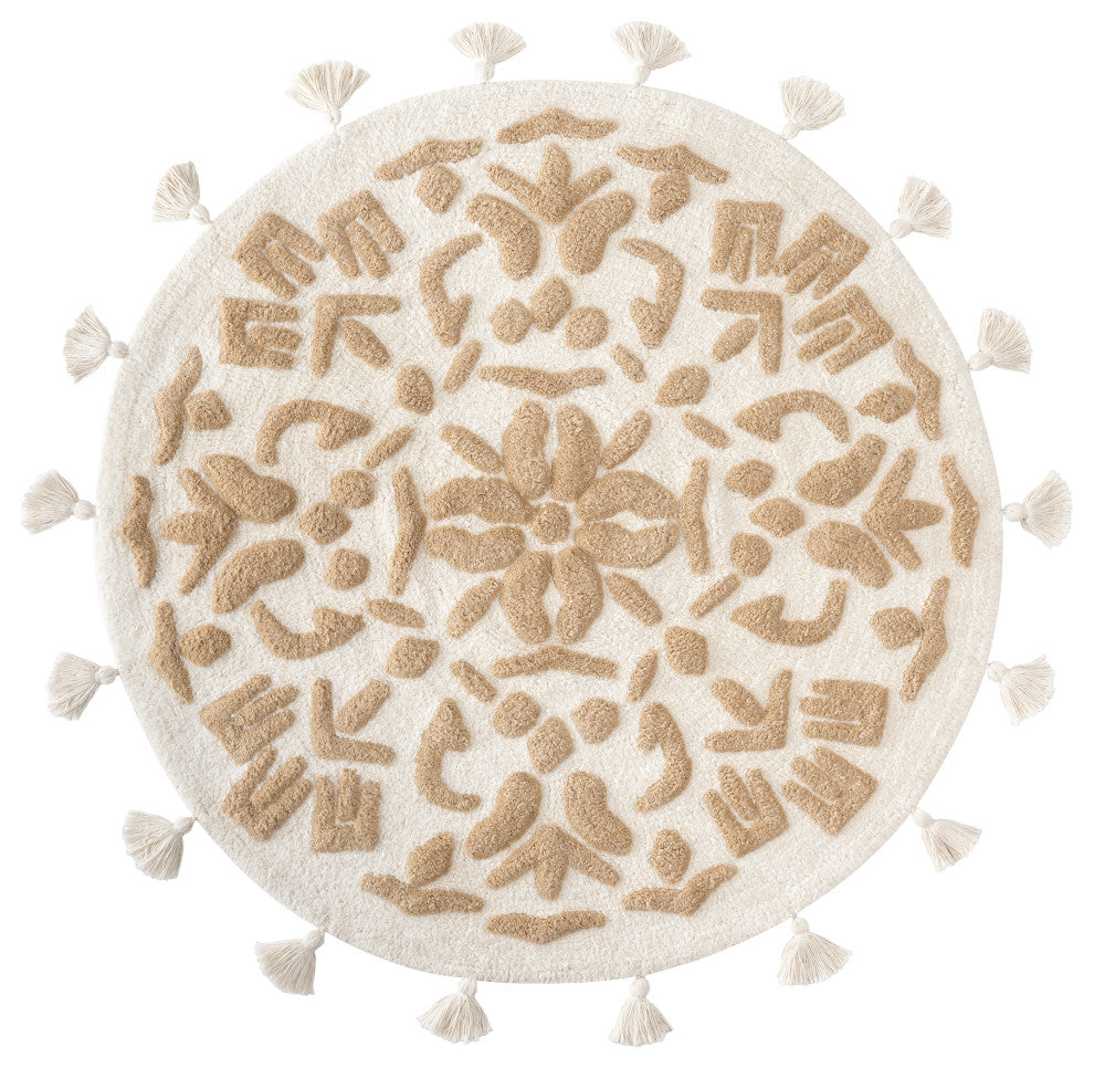 Cambridge Round Tufted Bath Mat With Tassels, Ivory/Beige