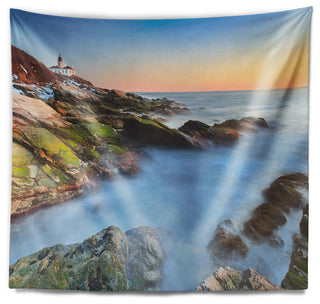 Beavertail Lighthouse During Winter Beach Photo Wall Tapestry, 60"x50"