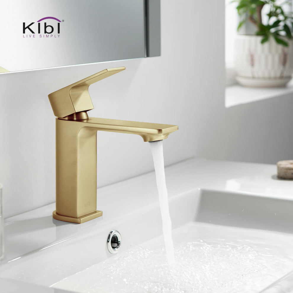 KIBI Mirage Single Handle Bathroom Faucet, Brush Gold, With Drain