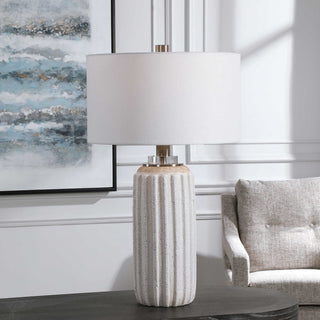 Deep Ribbed Crackled Ceramic Table Lamp Cream Beige Vertical Lines Elegant