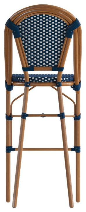 Set of 2 Stackable Indoor/Outdoor French Bistro 30" High Bar Stools, Navy & White/Natural Frame