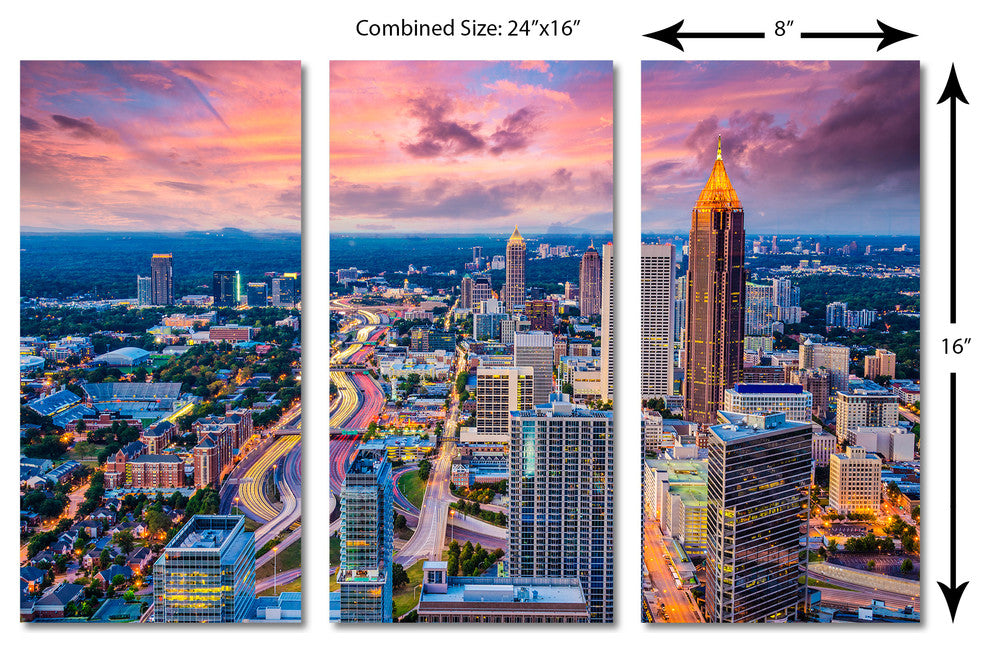 Atlanta Georgia Skyline Canvas Print Wall Art, 3 Panel Split, Triptych, 24x16